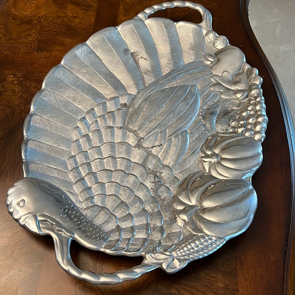 Lenox Thanksgiving Turkey Serving Platter Metal with handles.